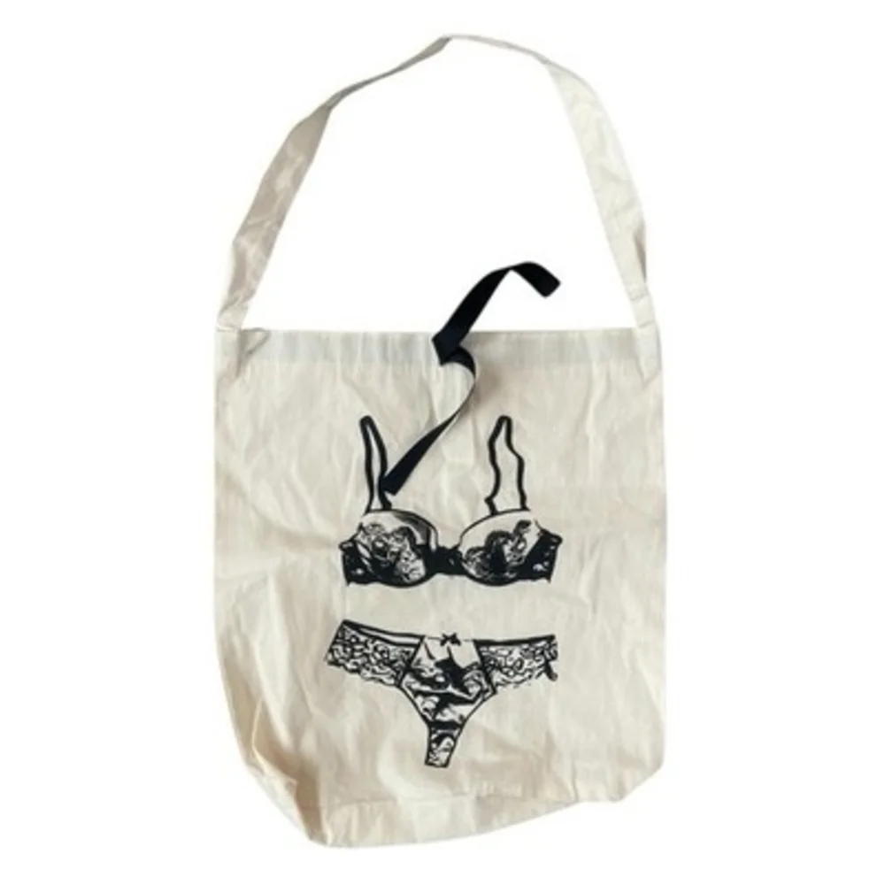 Bag All Lingerie Print Canvas Tote Bag Off White Black Print Bow Handbag
